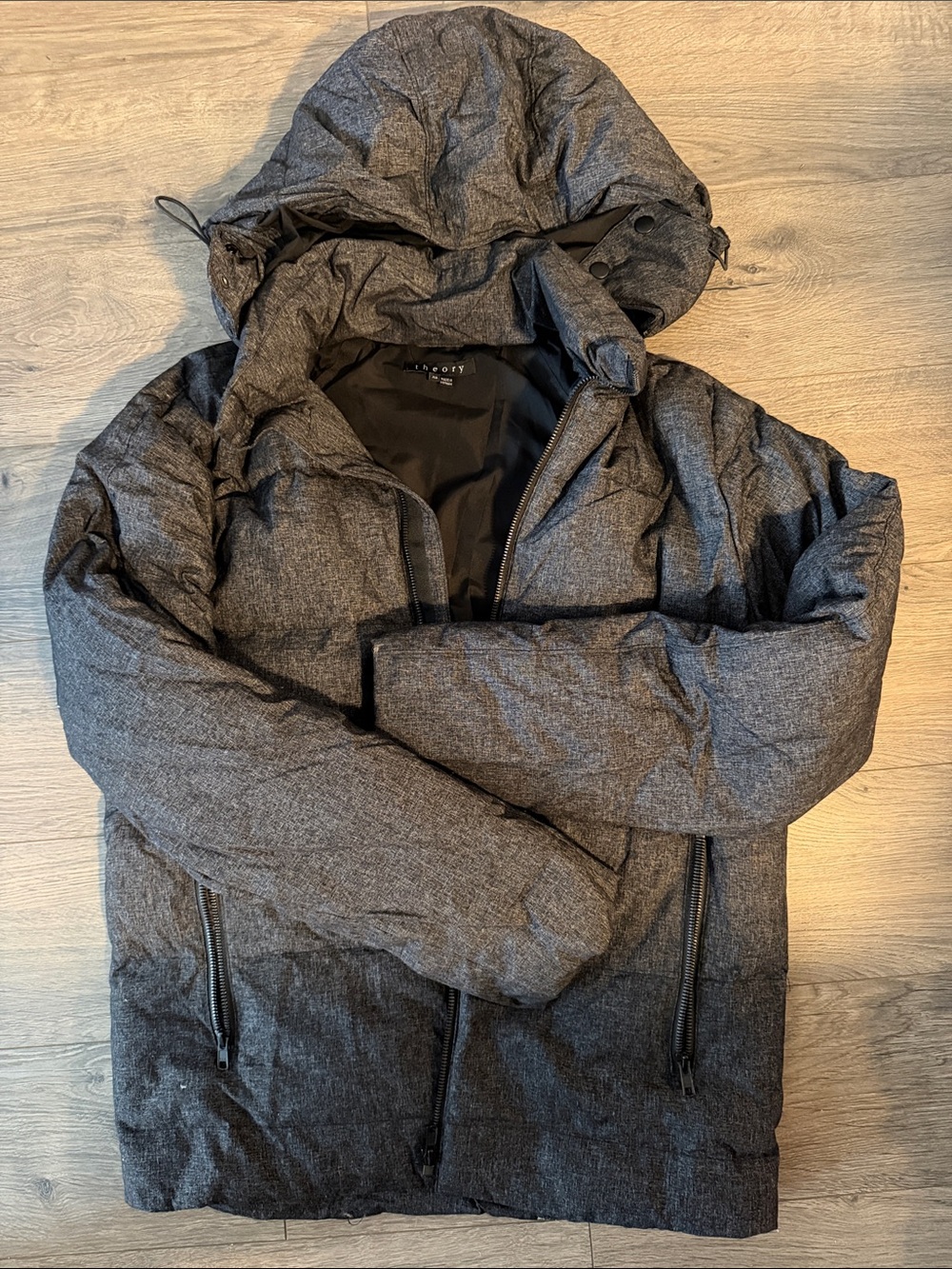Theory Dark Gray Hooded Quilted Puffer Jacket
